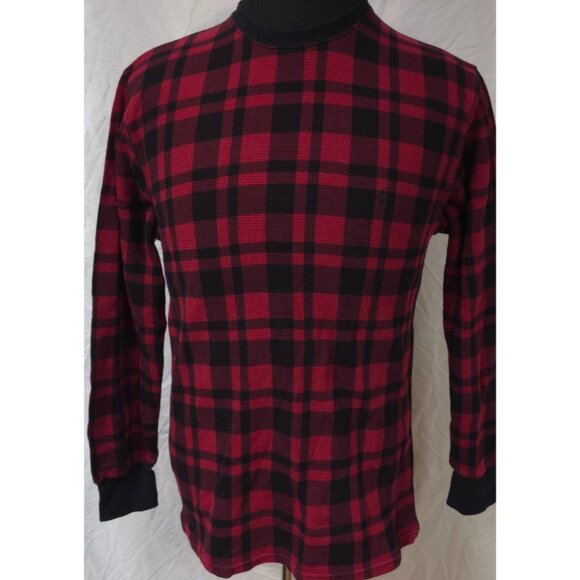 Polo Ralph Lauren Mens Large Red Black Plaid Thermal Waffle Knit Pullover Shirt - Picture 1 of 11
